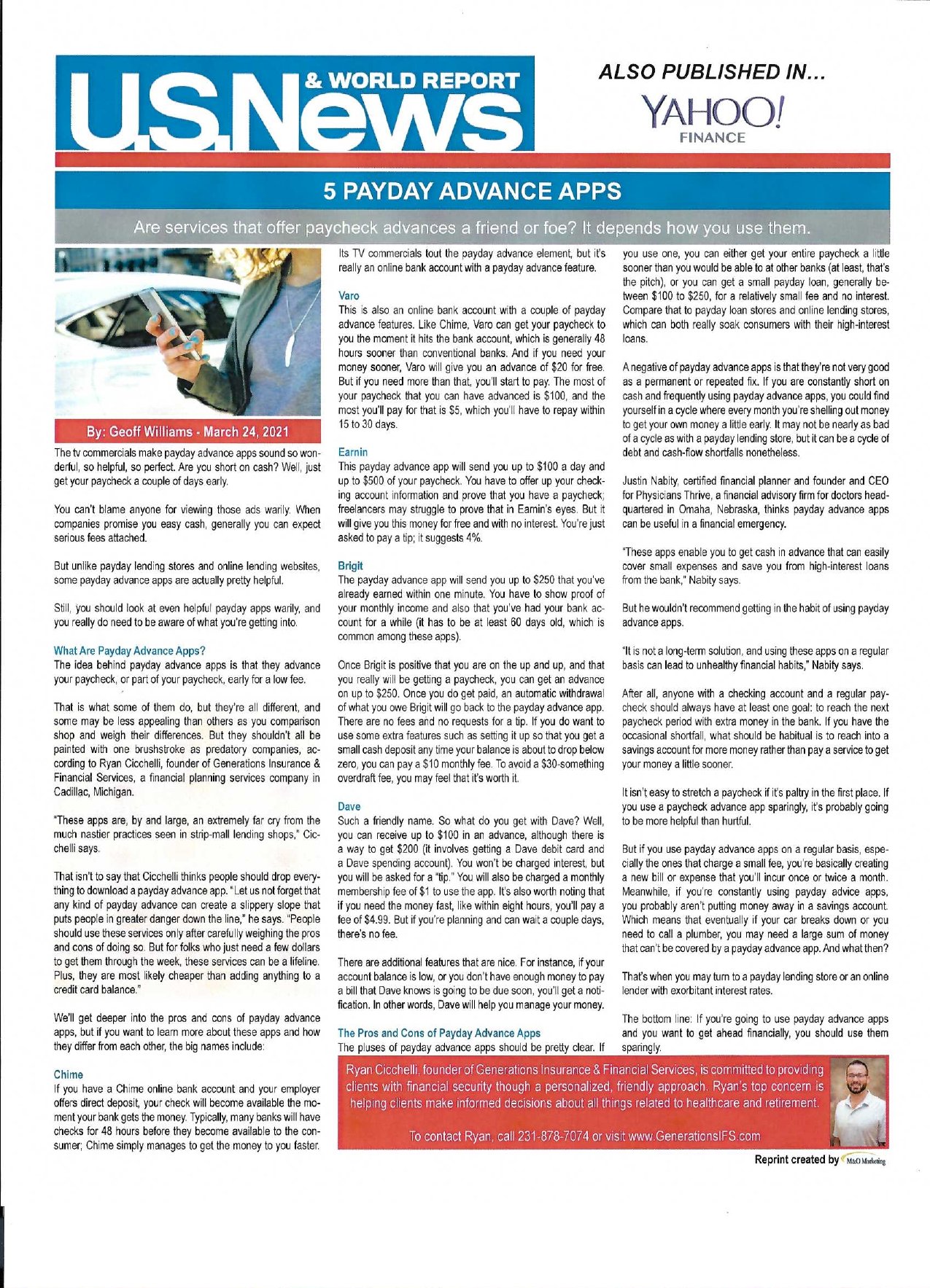 U.S. News & World Report article: 5 Payday Advance Apps