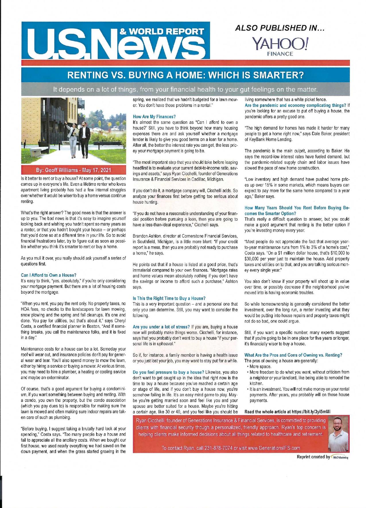 U.S. News & World Report article: Renting vs. Buying a Home: Which Is Smarter?