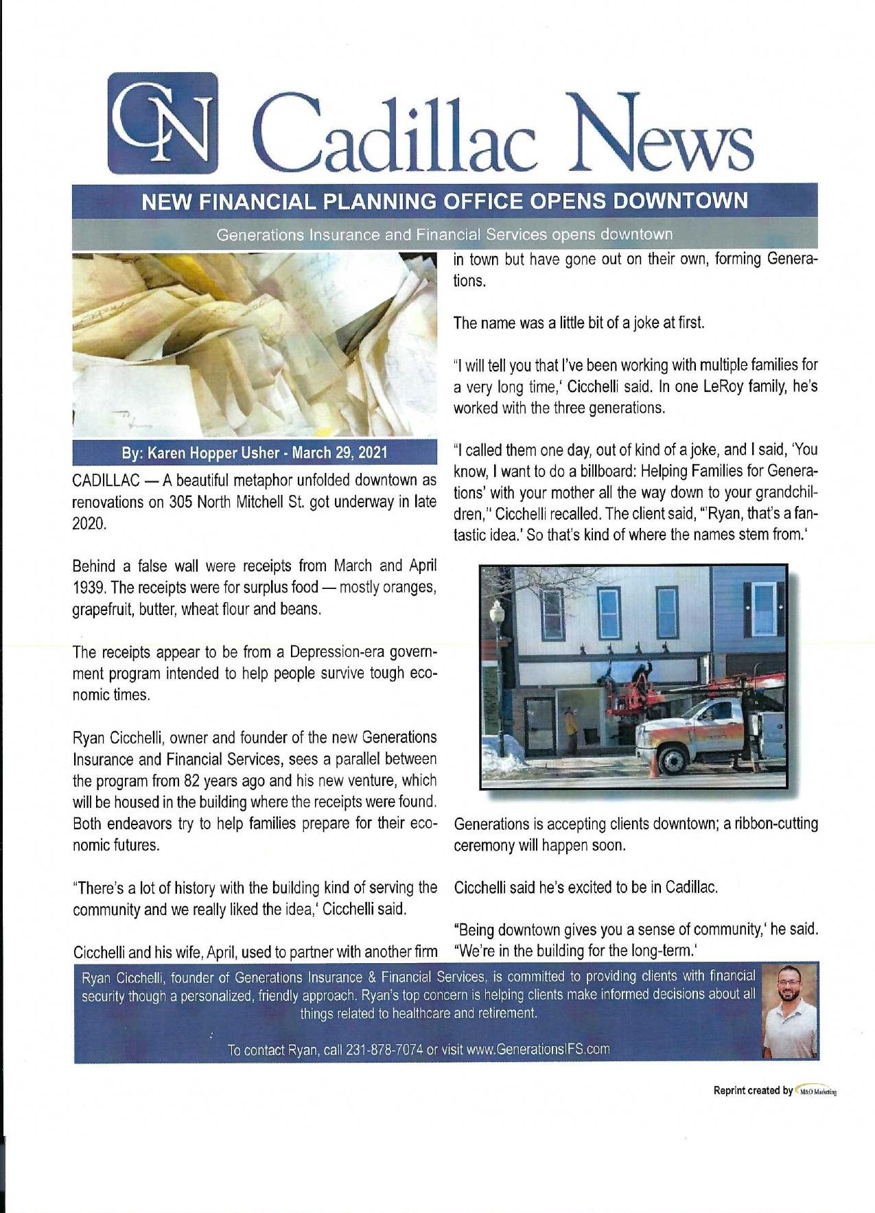 Cadillac News article: New Financial Planning Office Opens Downtown
