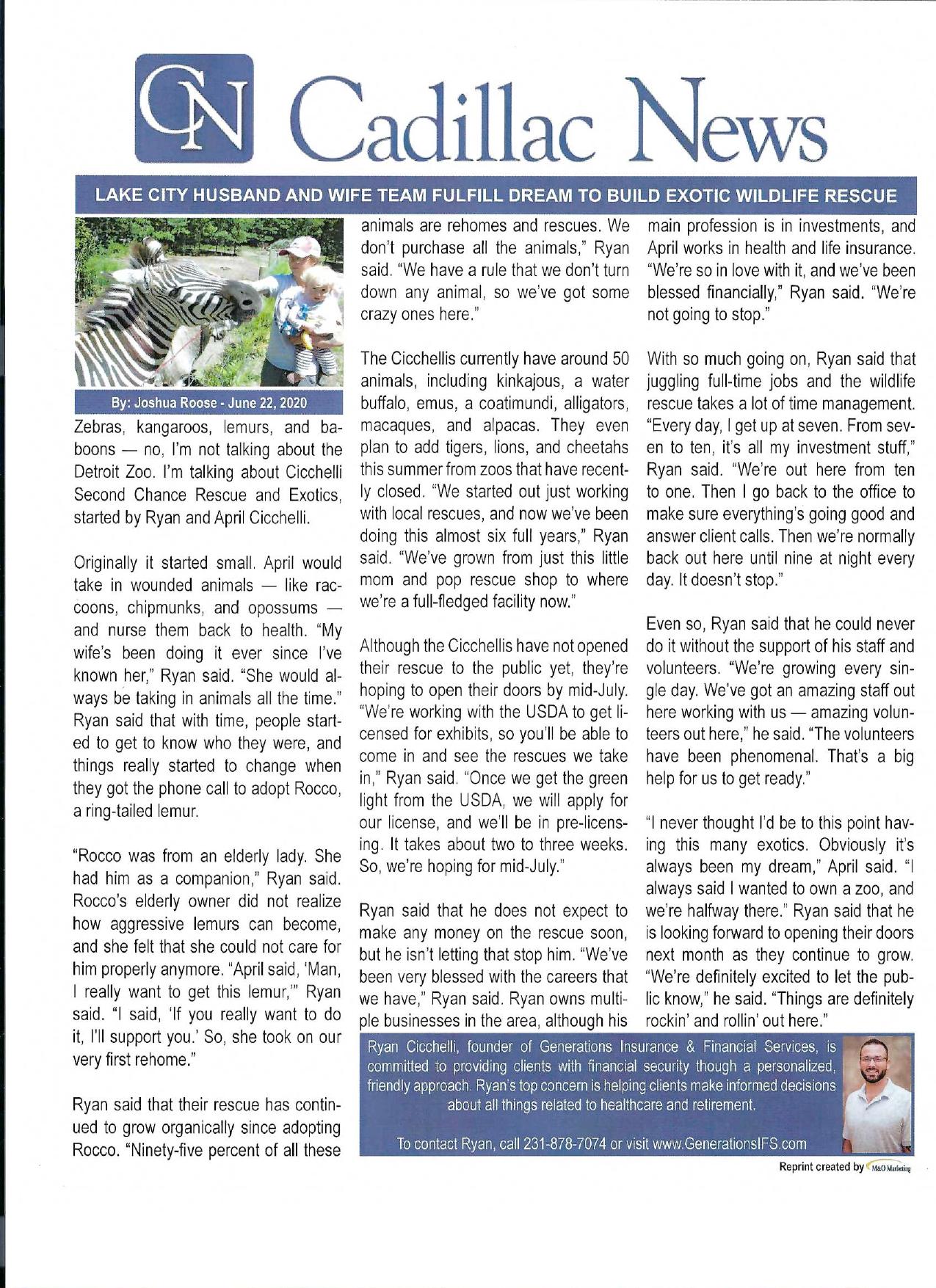Cadillac News article: Lake City Husband and Wife Team Fulfill Dream to Build Exotic Wildlife Rescue