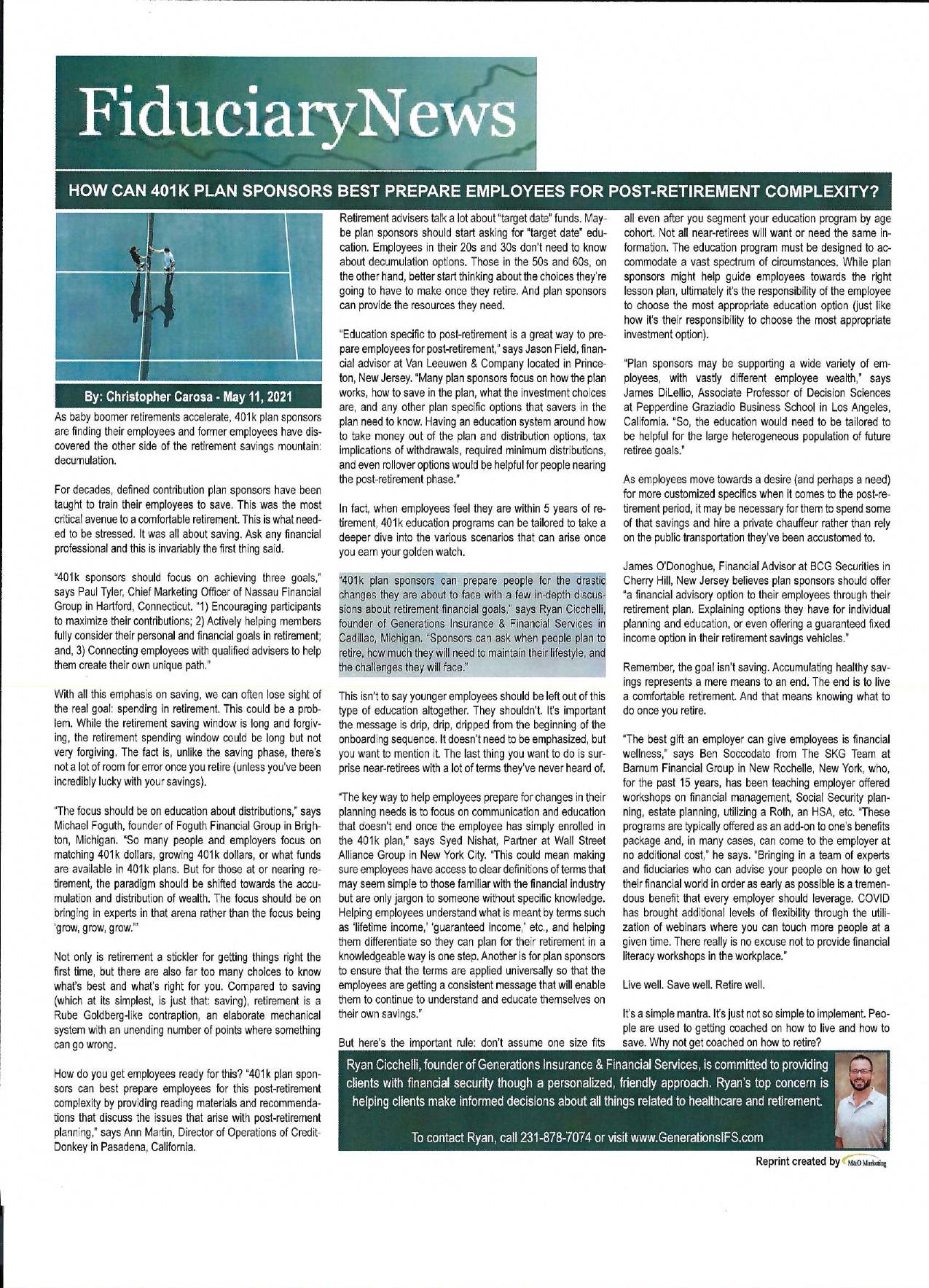 FiduciaryNews article: How Can 401k Plan Sponsors Best Prepare Employees for Post-Retirement Complexity?
