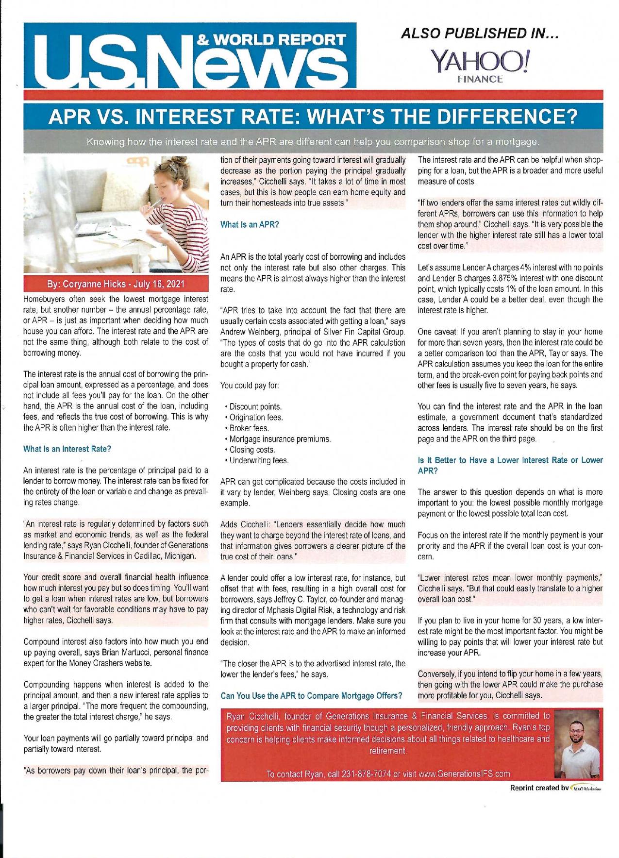 U.S. News & World Report article: APR vs. Interest Rate: What's the Difference?