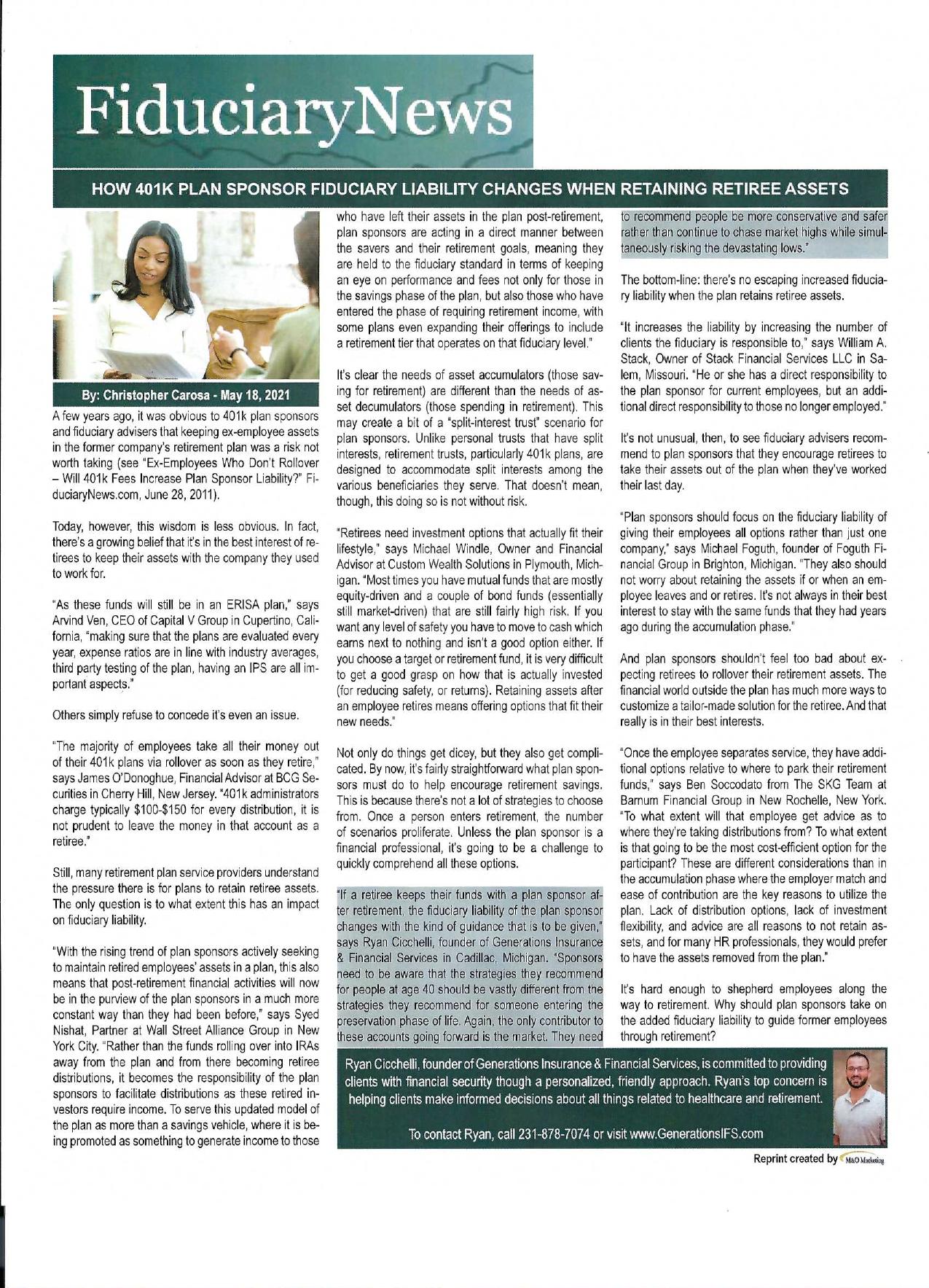 FiduciaryNews article: How 401k Plan Sponsor Fiduciary Liability Changes When Retaining Retiree Assets