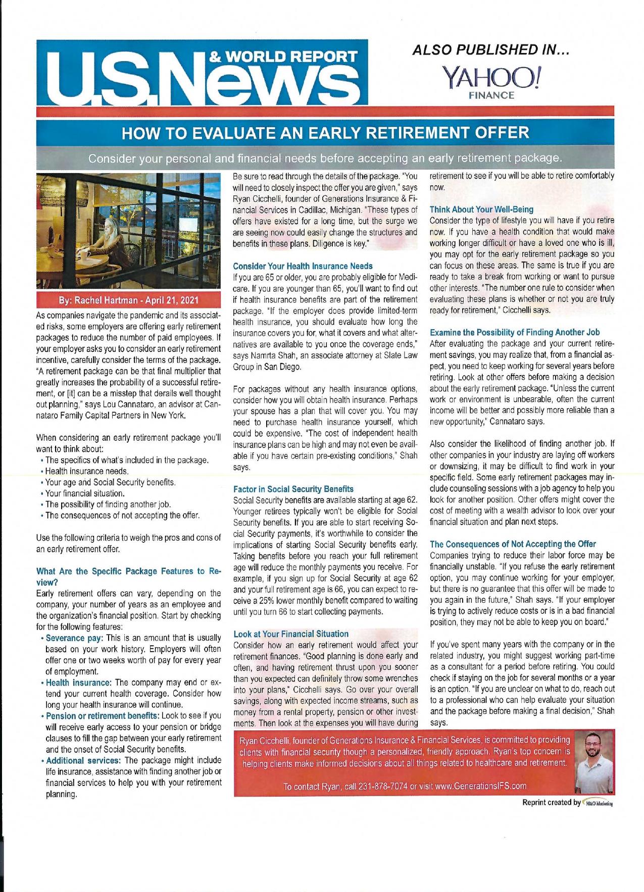 U.S. News & World Report article: How to Evaluate an Early Retirement Offer