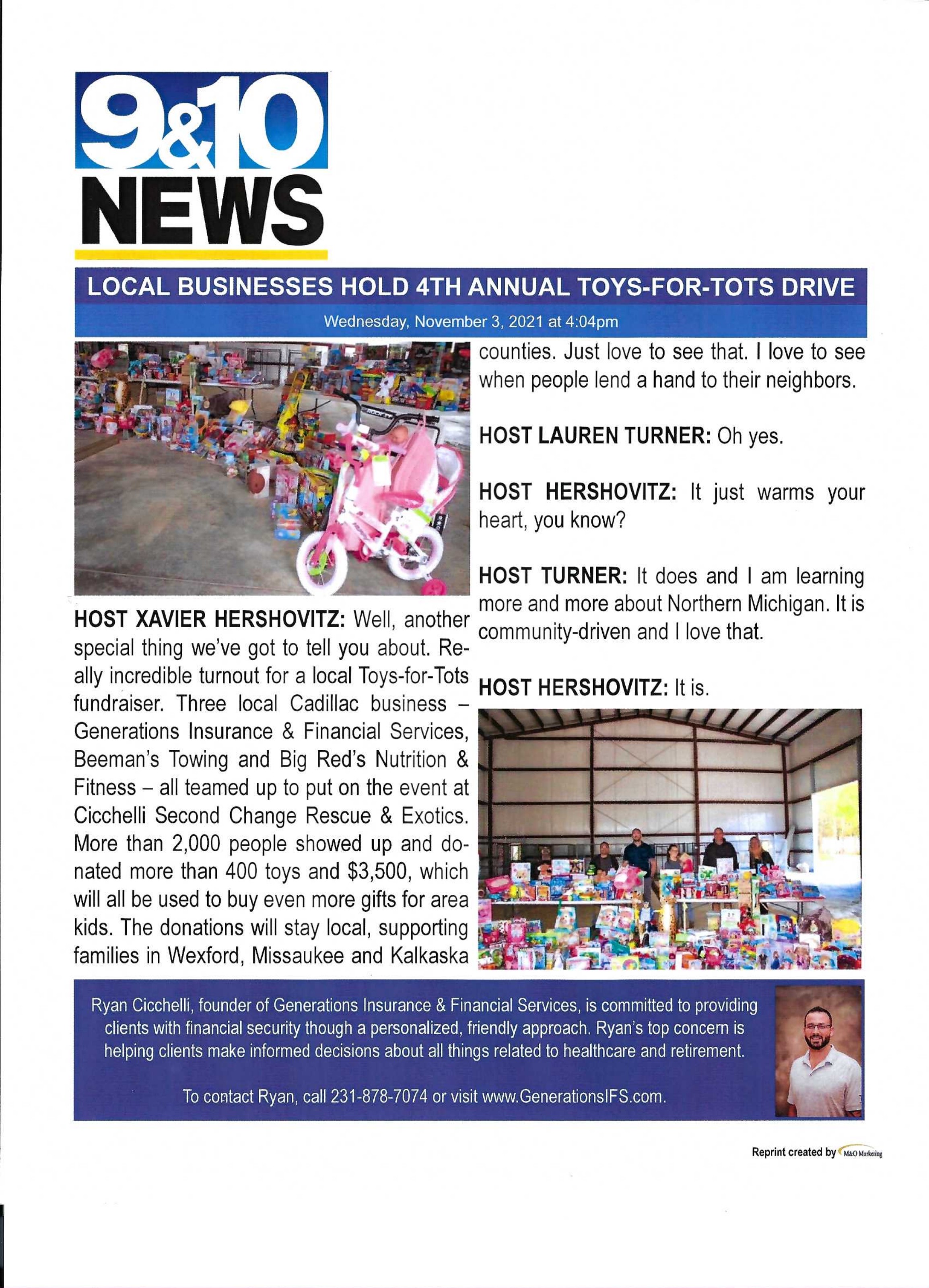 9&10 News article: Local Businesses Hold 4th Annual Toys-for-Tots Drive