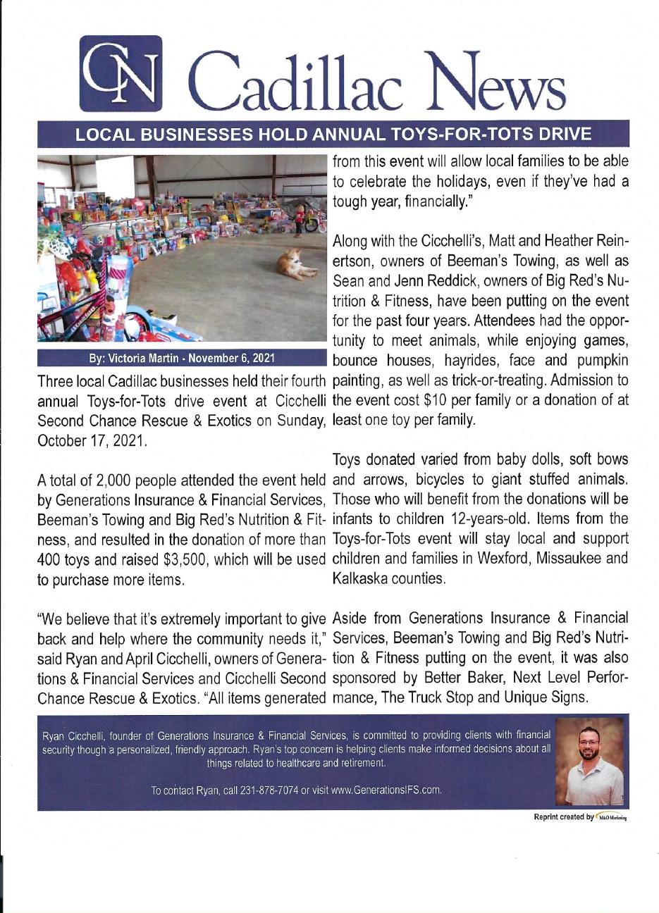 Cadillac News article: Local Businesses Hold Annual Toys-for-Tots Drive