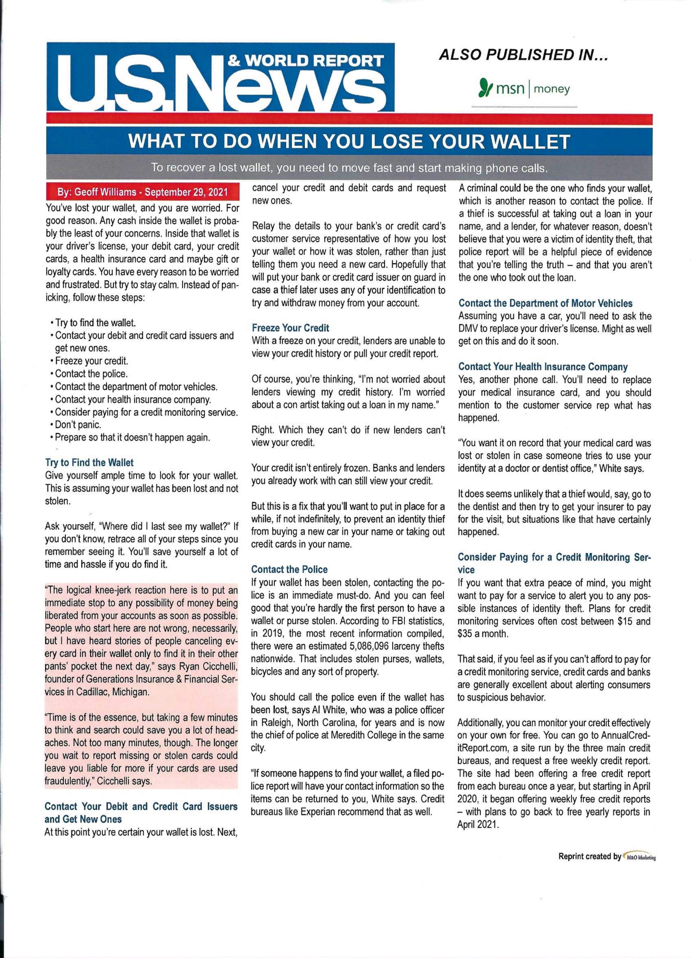 U.S. News & World Report article: What to Do When You Lose Your Wallet